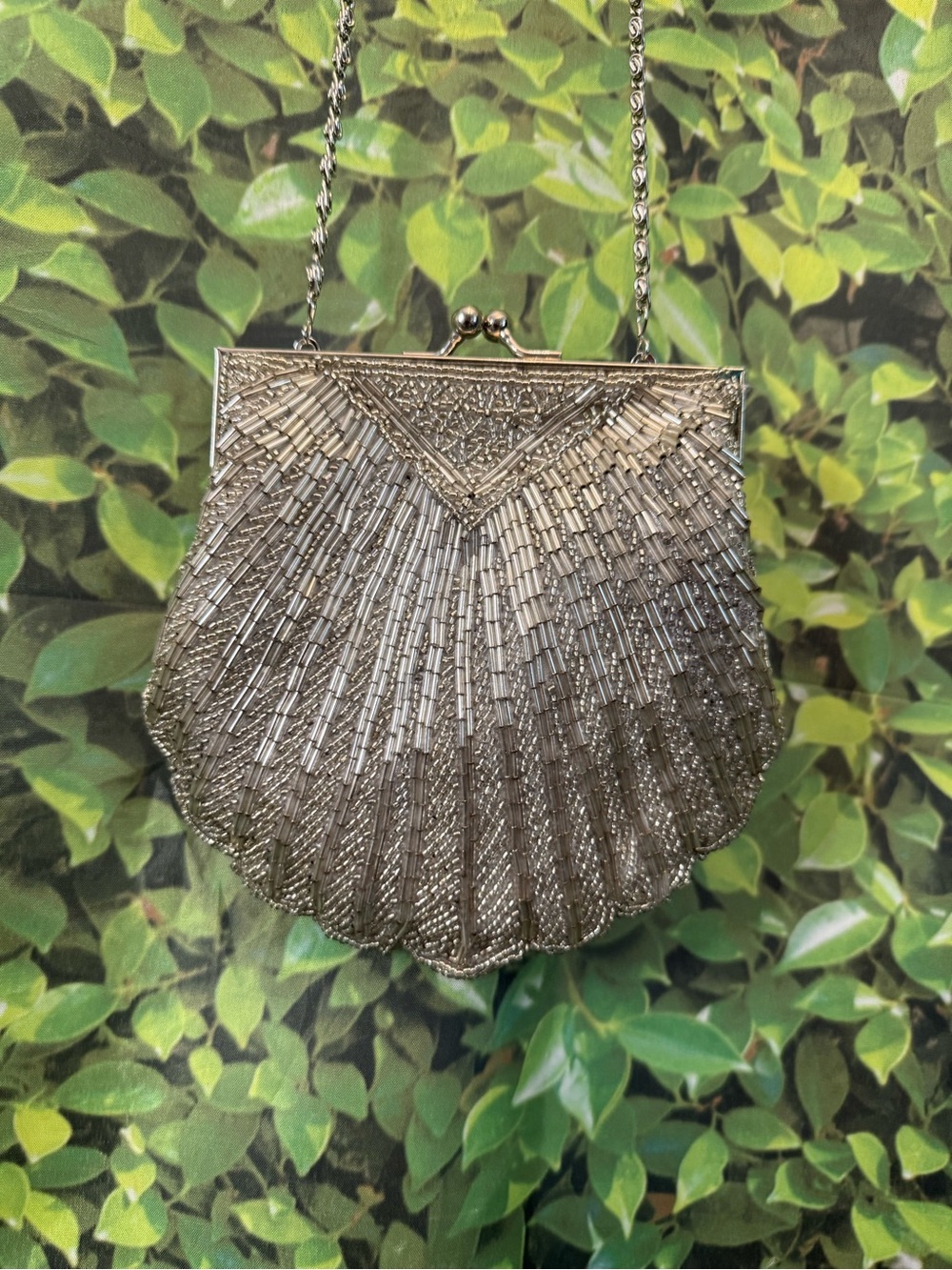 Vintage Valerie Stevens Silver Beaded Shell Evening Bag Crossbody